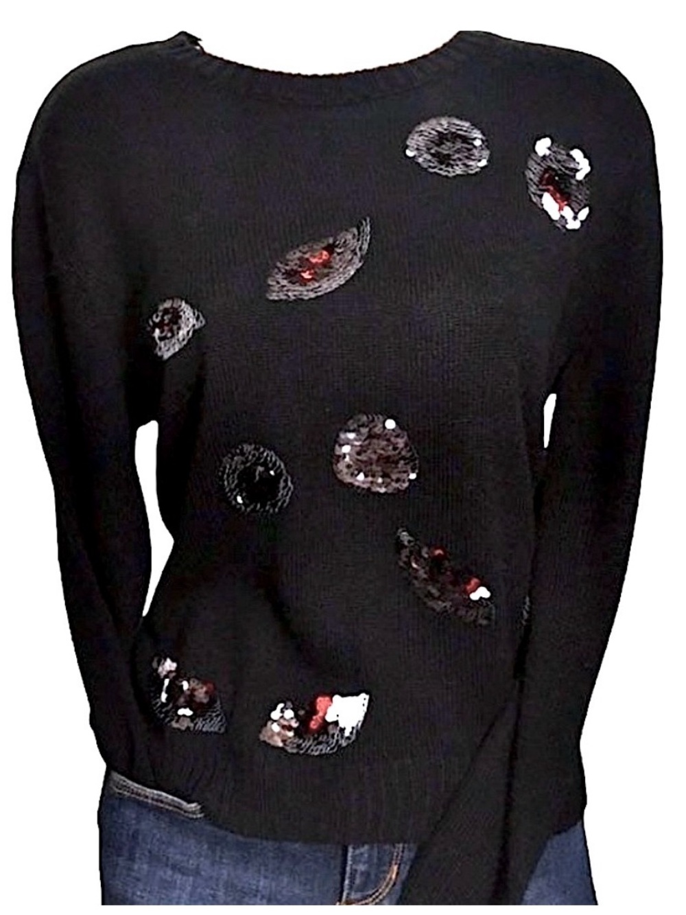 H&M Divided Flip Sequin Eyes Fuzzy Sweater Black Red Silver XS Cozy Winter Comfy - Picture 1 of 8